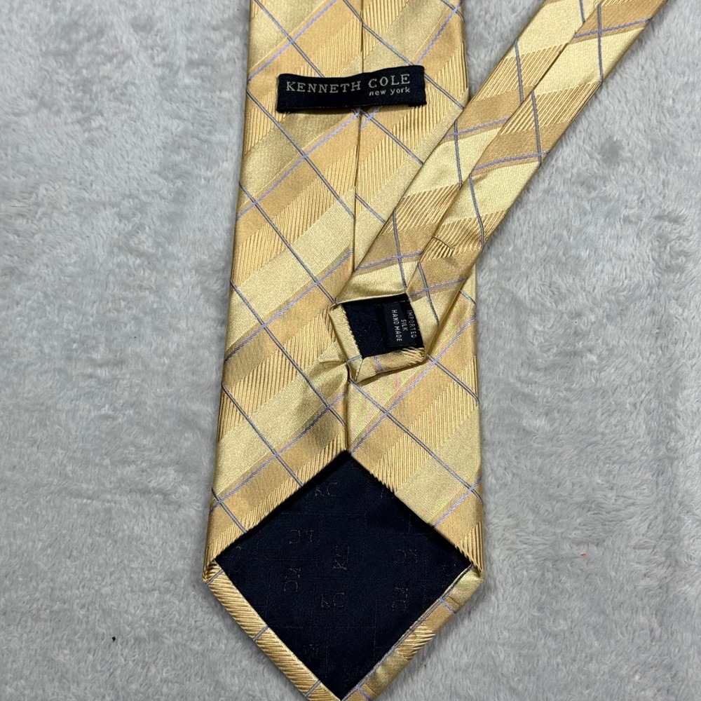 Kenneth Cole New York Gold Plaid 100% Silk Handmade‎ Necktie Career Formal